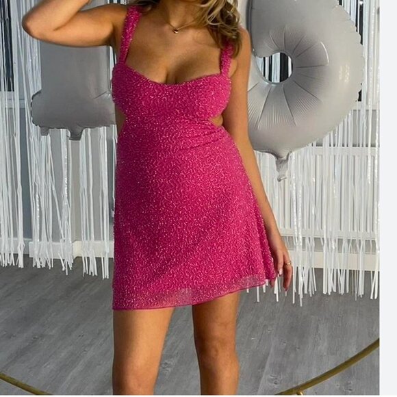 Oh Polly Emilion Embellished Cut Out Mini Dress in Fuschia Pink Size 10 - Picture 2 of 9